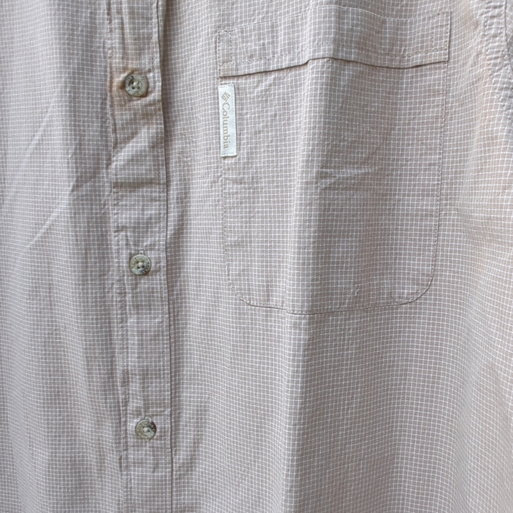 Columbia Mens Large Short Sleeve Button Up Cotton Shirt Plaid Tan and White - Picture 5 of 11